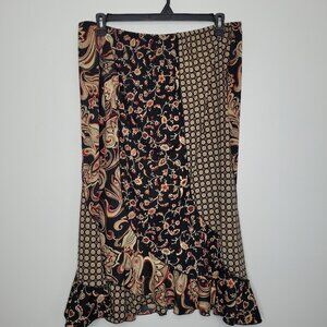 Vintage Outfit black tan red mixed print pull on ruffle artsy quirky skirt xl